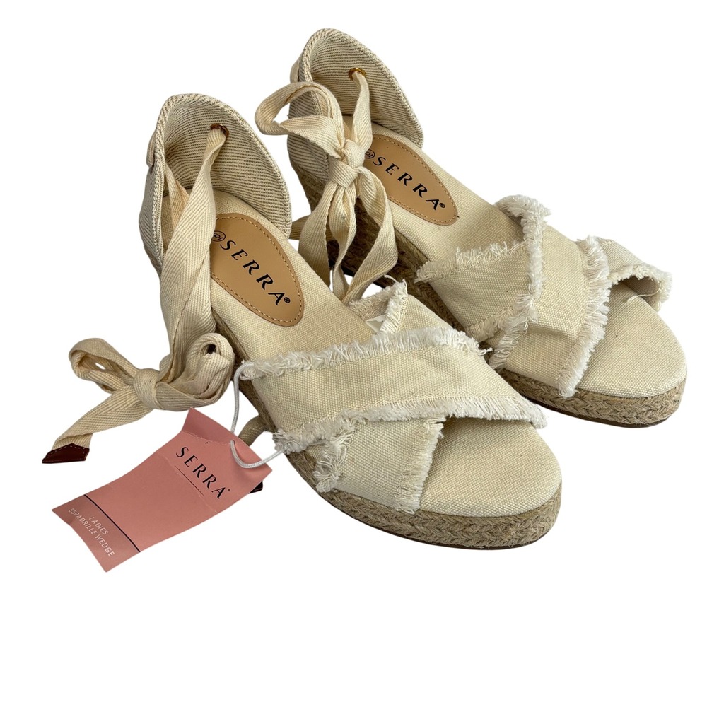 NWT Boho Espadrille Wedge Cream Frayed Canvas Ankle Tie Festival Summer Sandal 6